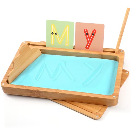 AtMini Montessori sandtablet Training buchstaben und Zeichens pielzeug Holz Sandtisch Lerns für Frühe motorische Entwicklung bei Kindern (blau)