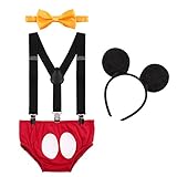 IBTOM CASTLE Neugeborenen Kleinkind Baby 1./2./3. Geburtstag Mickey Mouse Halloween Kostüm Outfit Hosen+Fliege+Clip-on Hosenträger+Maus Ohren 4pcs Bekleidungssets Foto-Shooting 001 Rot 3-6 Monate
