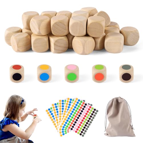 RICKMASK 30PCS Holzwürfel,Holzwürfel Blanko,DIY Leere Würfel,20mm Holzwürfelmit Säckchen mit Kordelzug Farbe Punktaufkleber,Unbemalte Holzwürfel für Dekorationen und Bastelprojekte