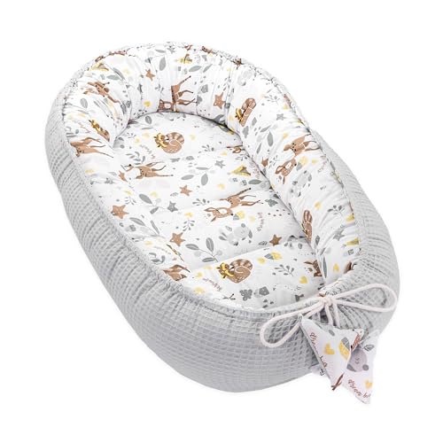 Babynest Neugeborene Nestchen Baby 90x50 cm - Kokon Handmade zweiseitig aus Baumwolle Waffel mit Babynestchen Rehchen Grau