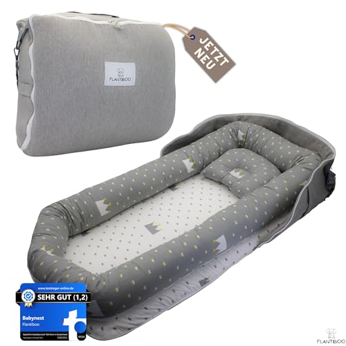 Flantiboo® Babynest - Kuschelnest für Neugeborene - perfekt für unterwegs - mit Taschenfunktion - Waschbares und tragbares Babynestchen für Babys und Säuglinge (Grau)