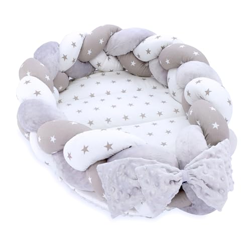 Babynest Neugeborene Nestchen Baby 75 x 45 cm – Plüschstoff Kuschelnest mit Zopf Kissen zerlegbares Set zweiseitig Babynestchen Babybett Sterne