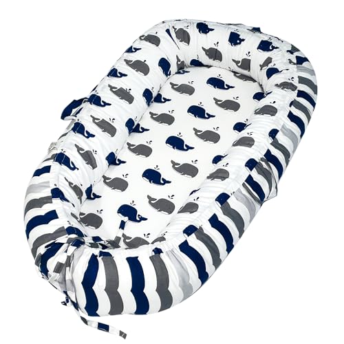 Bimocosy Babynest Kuschelnest Kokon mit griffen für Babys, Reisebett, Babykoko mit Wal Muster aus 100% Baumwolle,85x48 cm,als Geschenk für Neugeborene Säuglinge