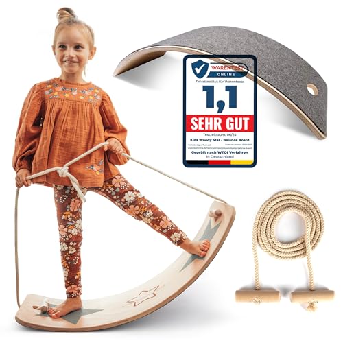 Kids Woody Star® Balance Board Kinder Holz 80x30cm [EXTRA Seil+Filz+Anti-Rutsch] Montessori Spielzeug ab 3 Jahre | Wackelbrett Balancierbrett | Balancieren Kinder Holzspielzeug | Balance-Board