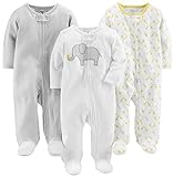 Simple Joys by Carter's Unisex Baby 3-Pack Neutral Sleep Play Infant-and-Toddler-Bodysuits, Hellgrau Ministreifen/Weiß Elefant/Giraffe, 0 Monate (3er Pack)