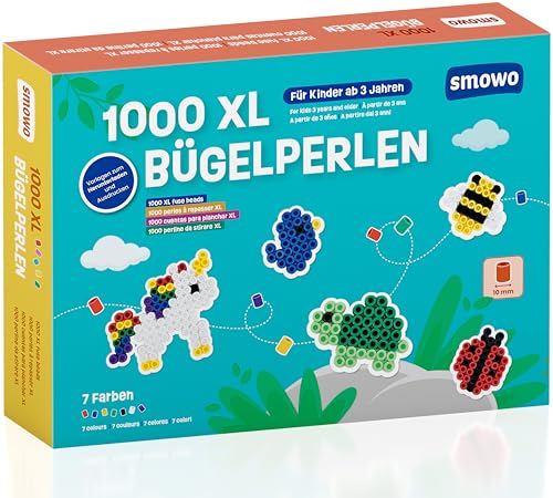 Smowo® Große 10mm Bügelperlen 1000 Stück für Kinder ab 3 Jahren - 7 bunte Farben XL Steckperlen - Kreatives Perlenset