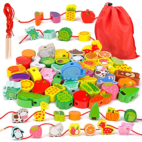 Montessori Spielzeug,Holzspielzeug Fädelspiel Geschenk Motorikspielzeug ab 3 4 5 Jahr Madchen Jungen Baby Kinderspielzeug holzperlen für Kinder Geschenke
